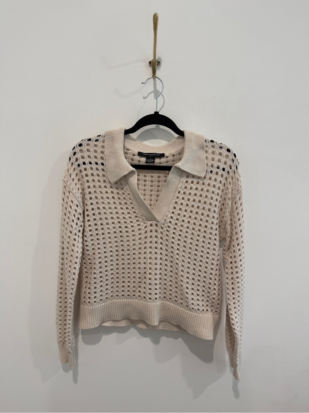 Nordstrom French Connection Cream Open-Knit V-Neck Polo Sweater